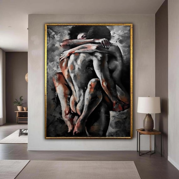 Intimate Embrace Canvas Wall Art Modern Expressionist Nude Couple Painting Sensual Abstract Romantic Bedroom Gift Home Decor