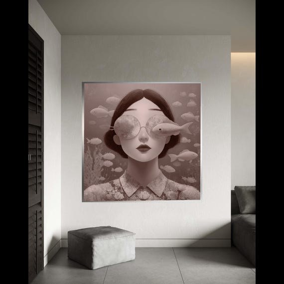 Surreal Woman Portrait Canvas Fish Reflection Glasses Underwater Dreamscape Wall Art Modern Decorative For Gift Home Decor