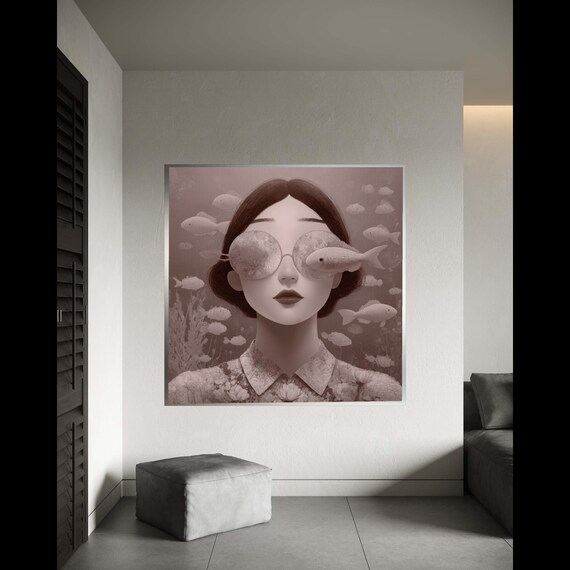 Surreal Woman with Fish Glasses Dreamy Underwater Art Poster