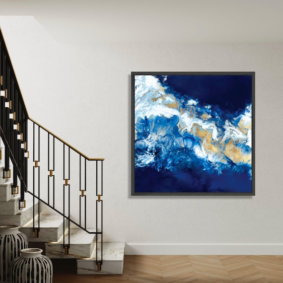 Abstract Ocean Waves Canvas Blue Gold Fluid Art Modern Wall Coastal Home Decor Contemporary Painting Gift