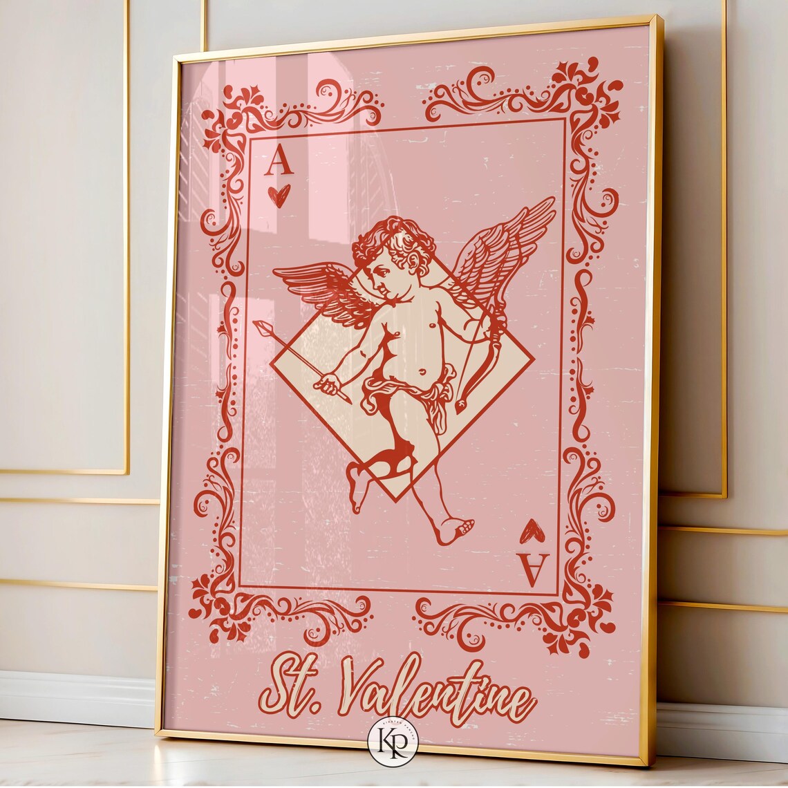 St Valentine Cupid Ace Of Hearts Pink Playing Card Vintage Art Poster