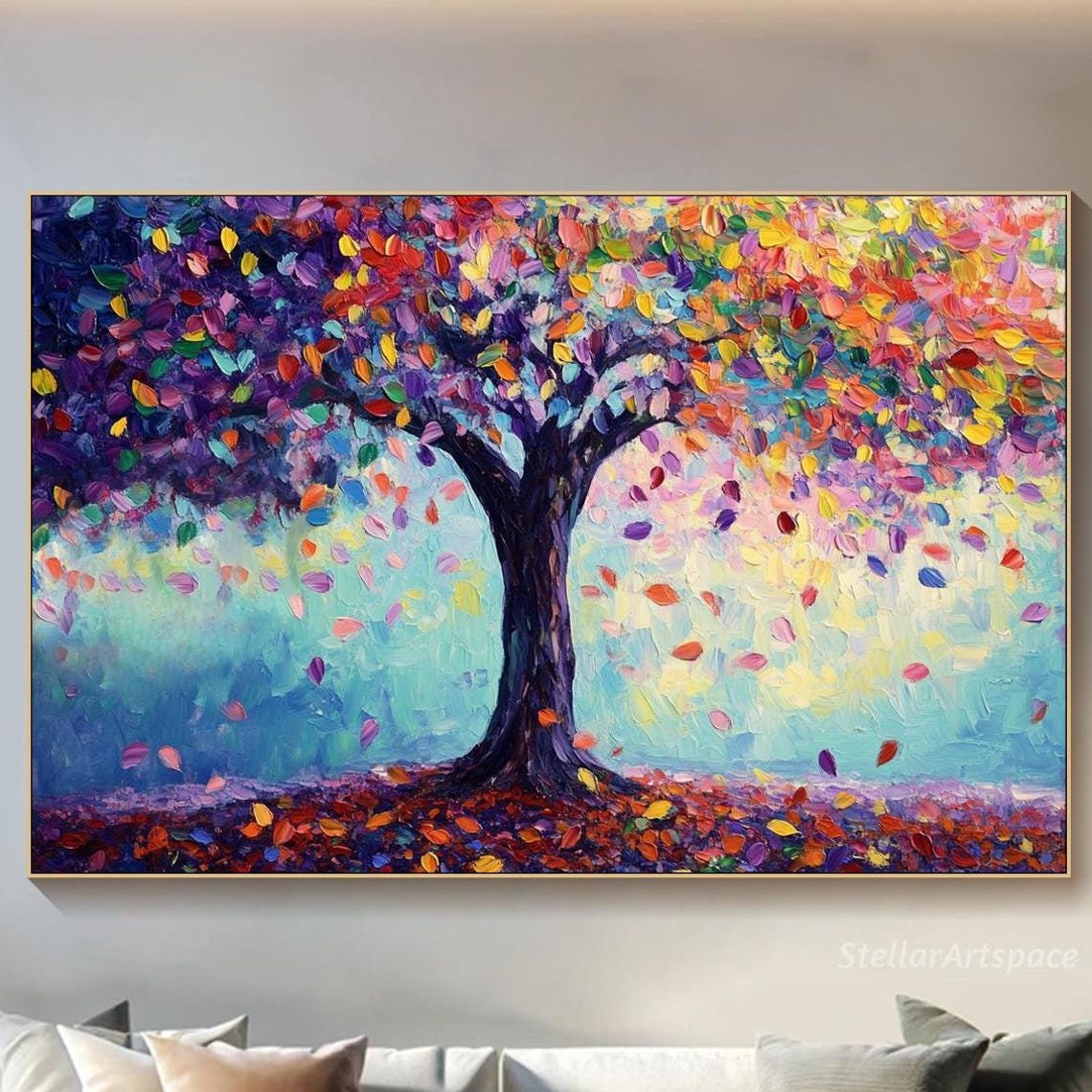 Colorful Rainbow Tree Falling Leaves Impasto Textured Art Poster