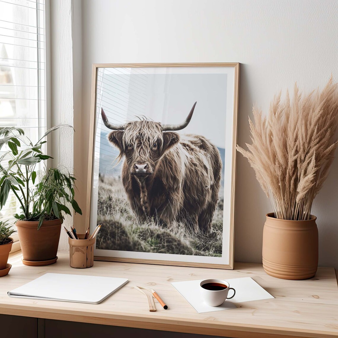 Scottish Highland Cow Standing in a Misty Pasture Meadow Poster - Image 3
