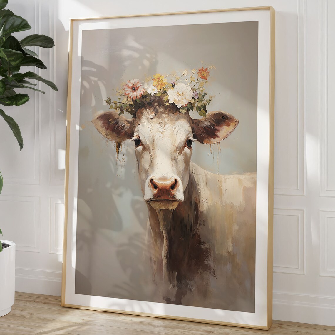 Cow With Flower Wreath Oil Painting Poster - Image 2