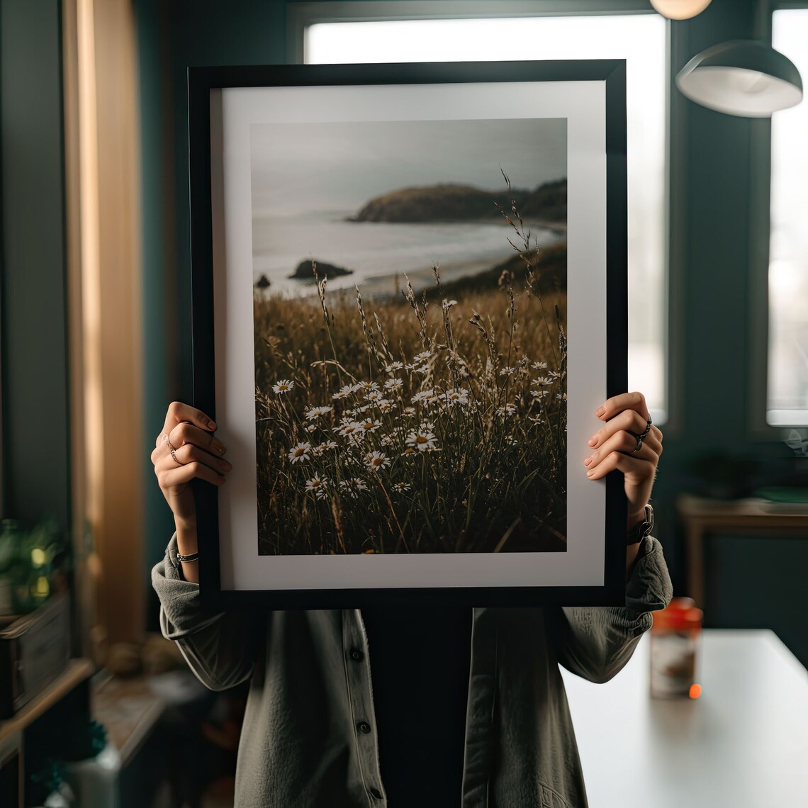 Daisies By The Ocean Poster, Beach Nature Photography