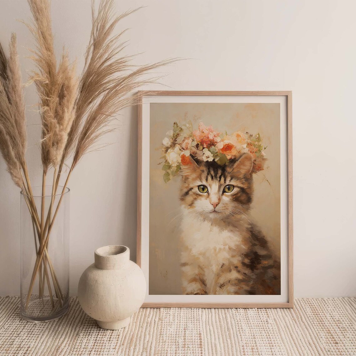 Cute Cat with Flower Wreath Vintage Style Oil Painting Poster - Image 2
