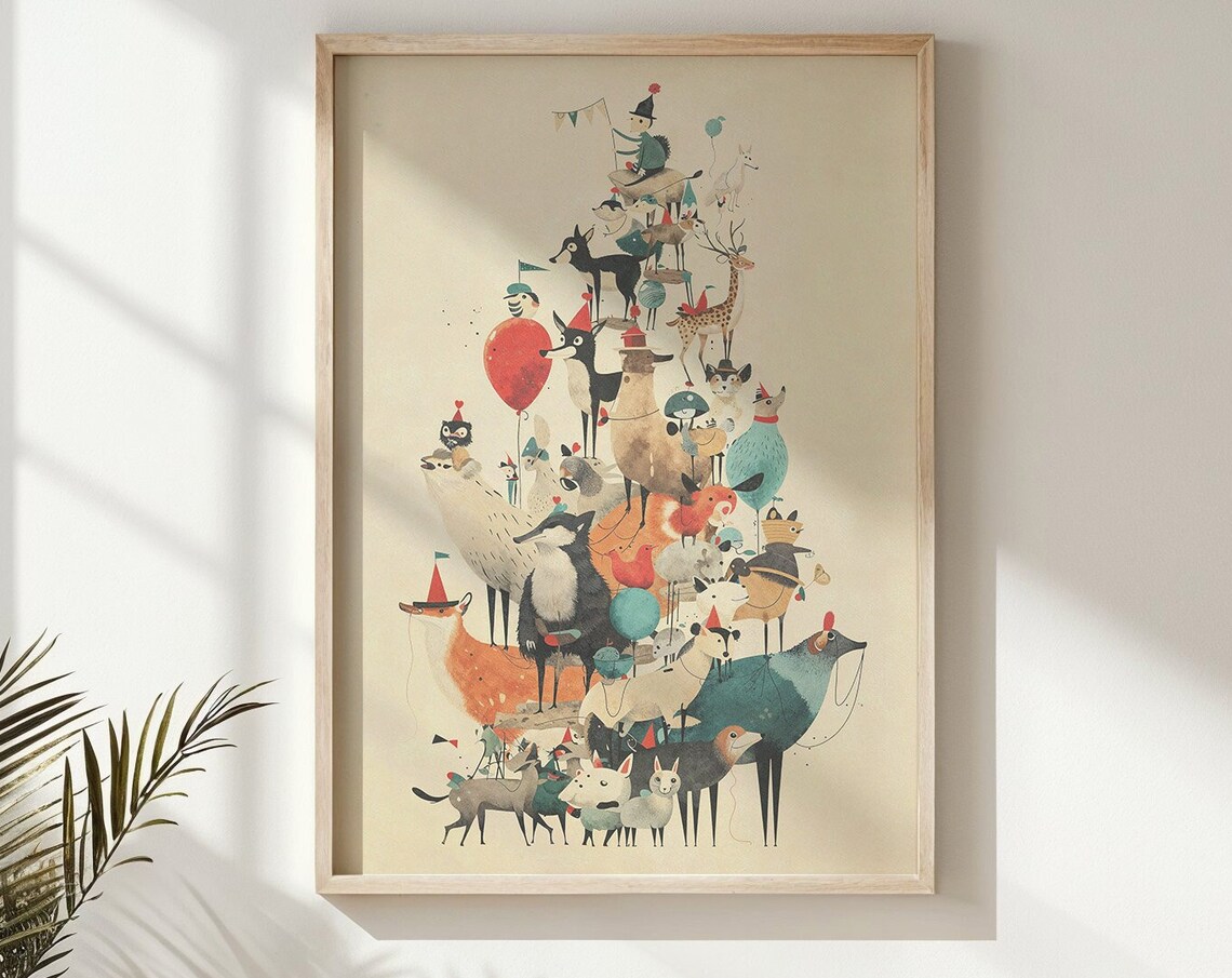 Whimsical Stacked Animals Tower Party Hats Vintage Kids Poster