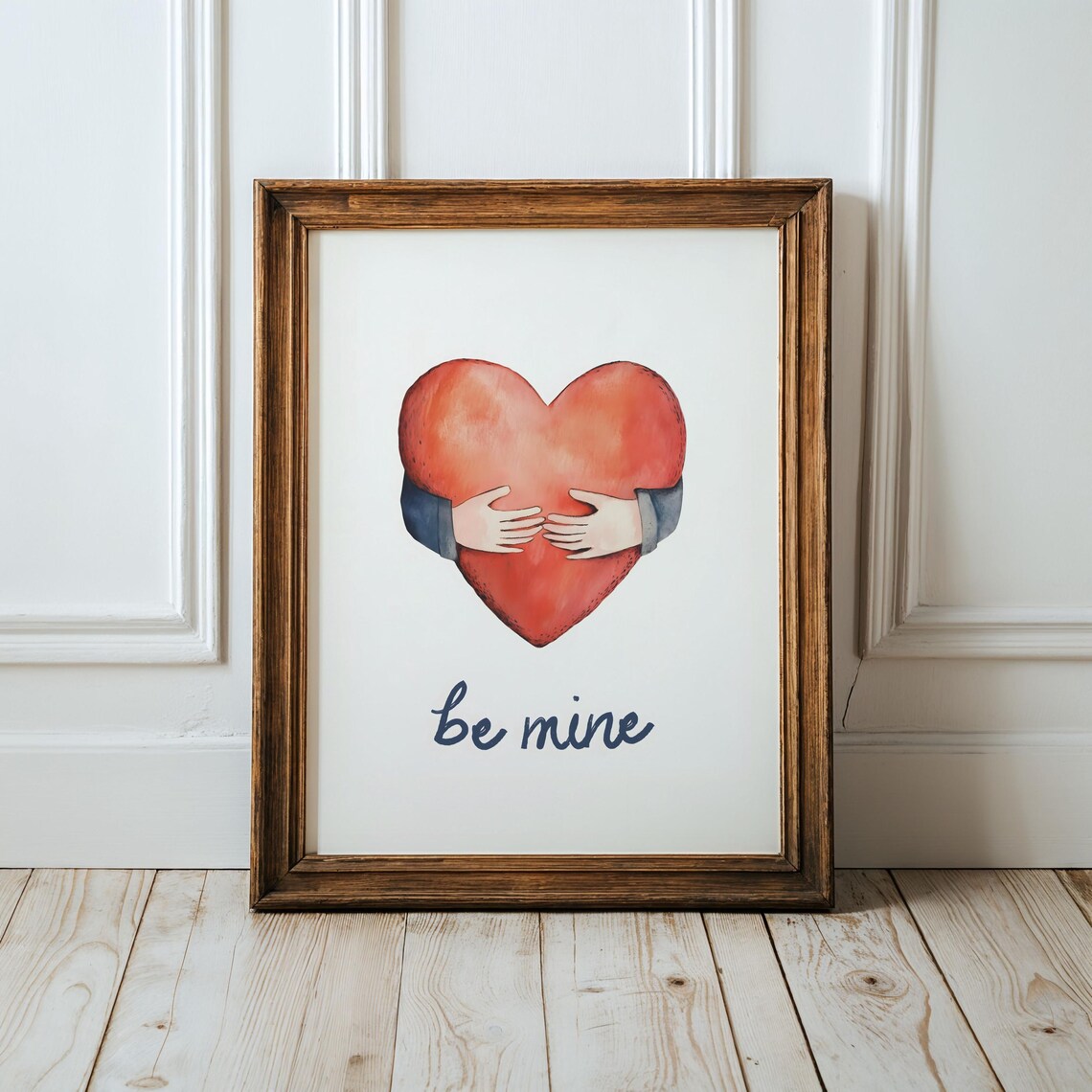 Be Mine Watercolor Red Heart Hugged By Hands Valentine Art Poster - Image 6
