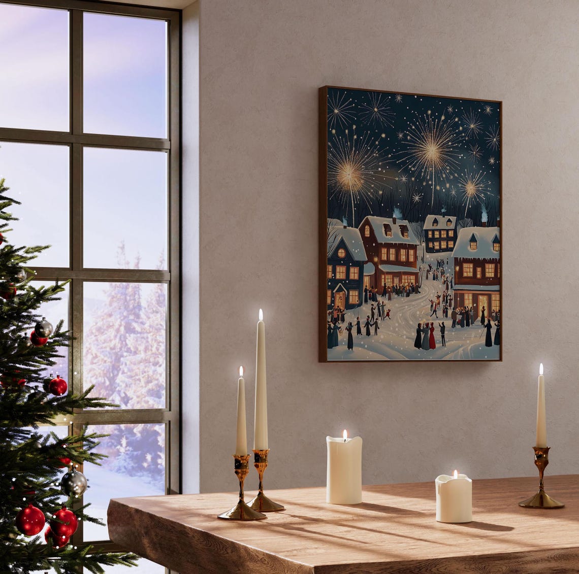 New Years Eve Fireworks Over Snowy Town At Night Celebration Poster - Image 4