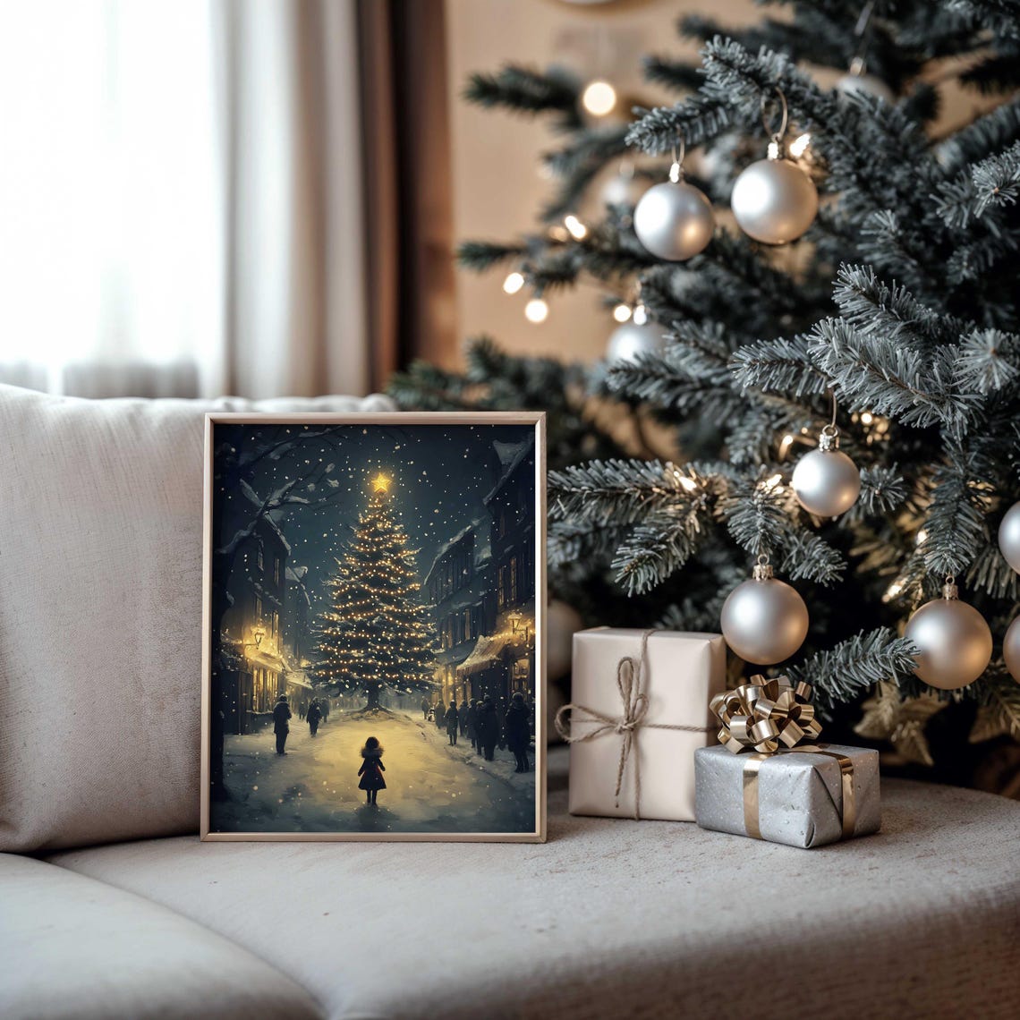 Moody Christmas Wall Art Snowy Aesthetic Oil Painting Christmas Tree Night Art Girl Outside Christmas Print Winter Art Instant - Image 4