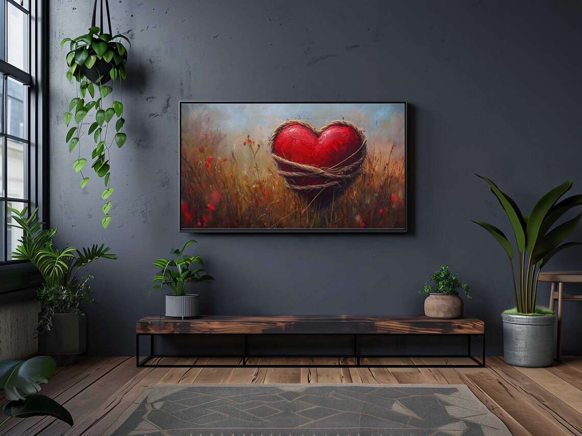 Red Heart Wrapped Twine Poppy Field Textured Oil Painting Poster - Image 2