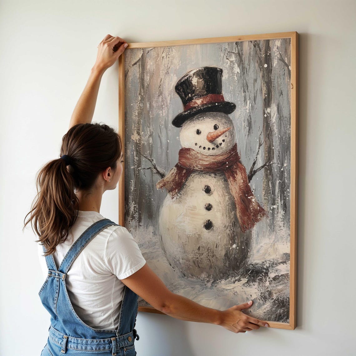 Smiling Snowman In Top Hat And Red Scarf In Winter Snowfall Poster - Image 4