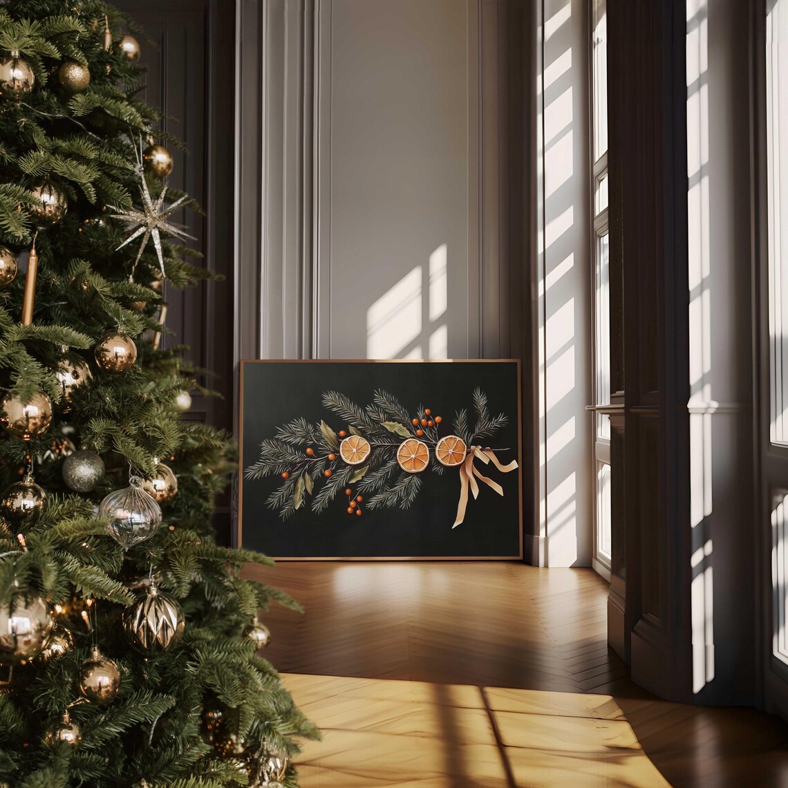 Christmas Garland With Dried Orange Slices On Black Moody Wall Art - Image 4