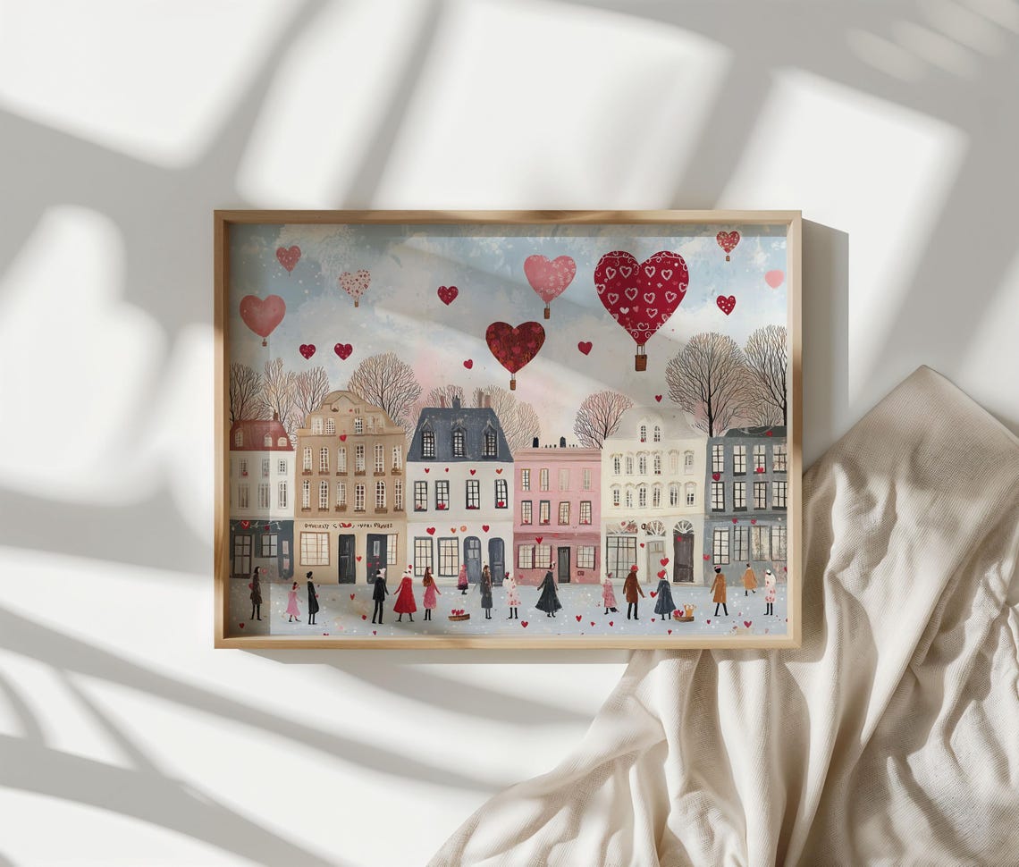Heart Hot Air Balloons Over Valentine Town Square Romantic Poster - Image 4
