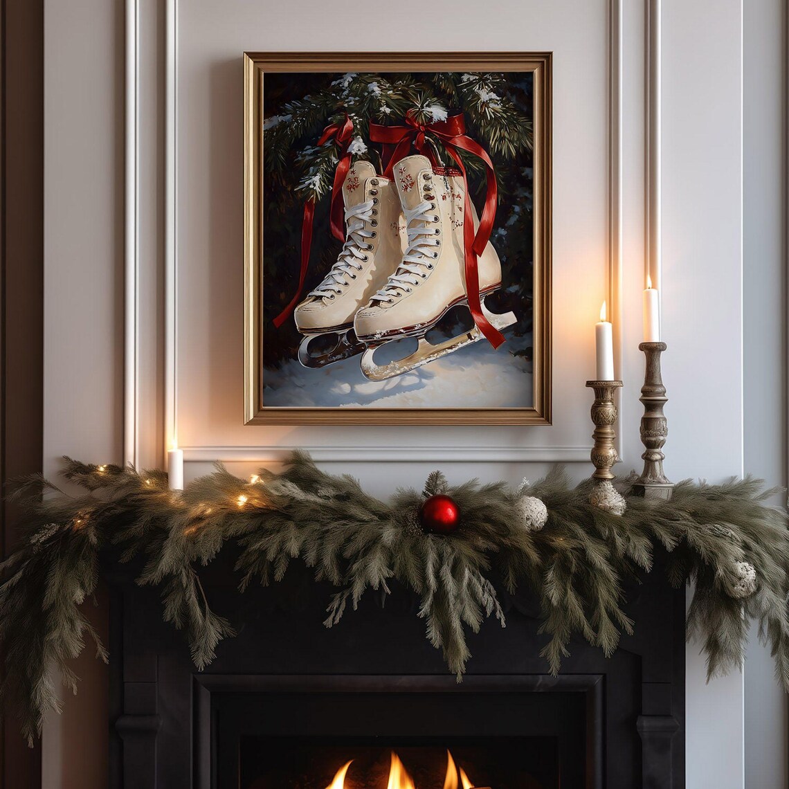 Vintage White Ice Skates Red Ribbon Snowy Pine Holiday Art Poster - Image 6