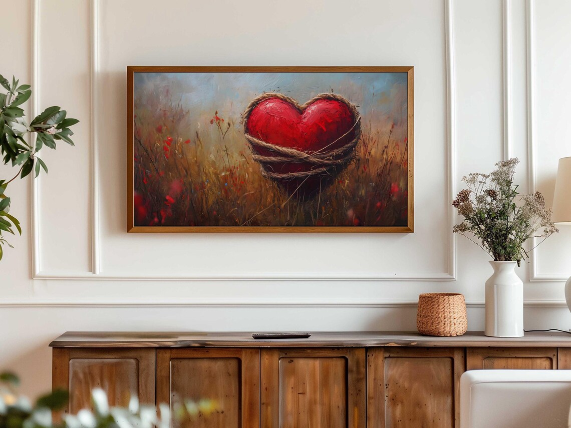 Red Heart Wrapped Twine Poppy Field Textured Oil Painting Poster - Image 6