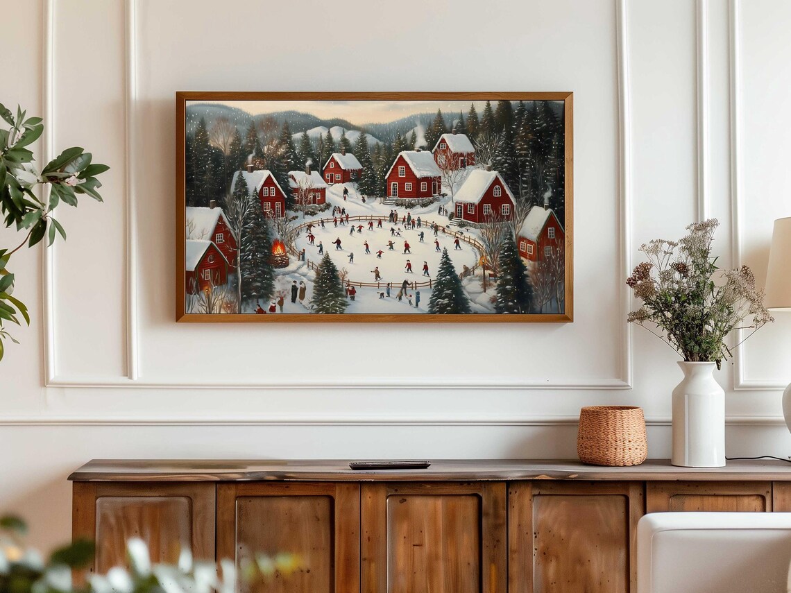 Village Ice Skating Pond Red Cottages Snowy Mountains Art Poster - Image 6