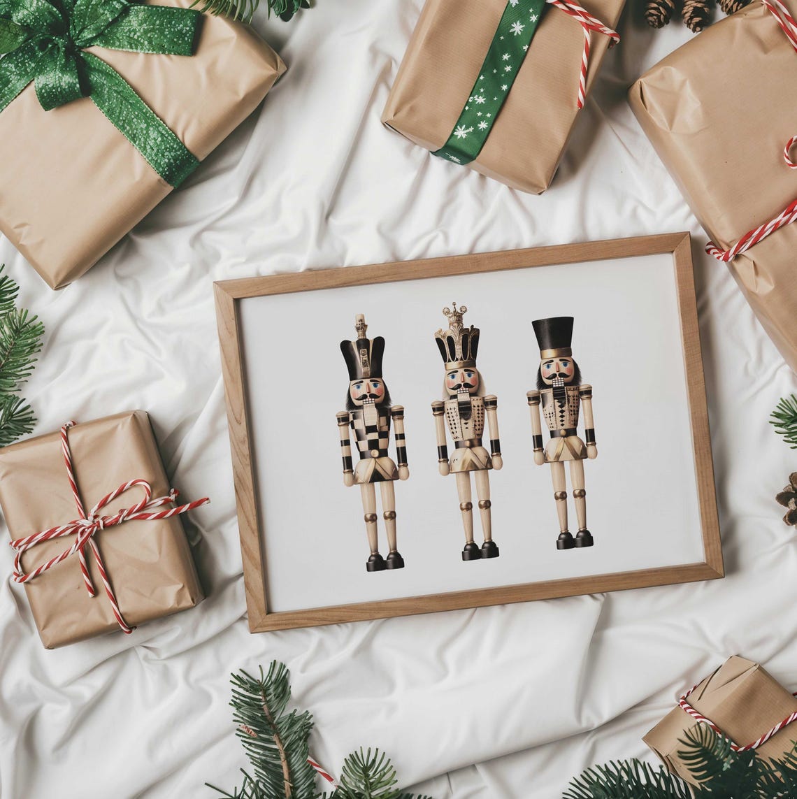 Three Vintage Nutcrackers In Black Gold And Cream Christmas Print - Image 5