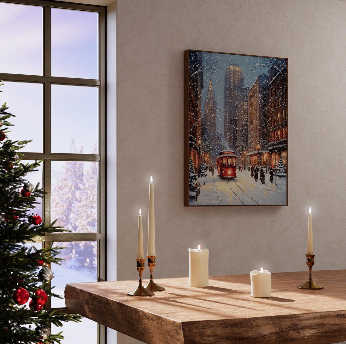 Winter New York City Snowy Street Red Trolley Night Art Poster - Image 5