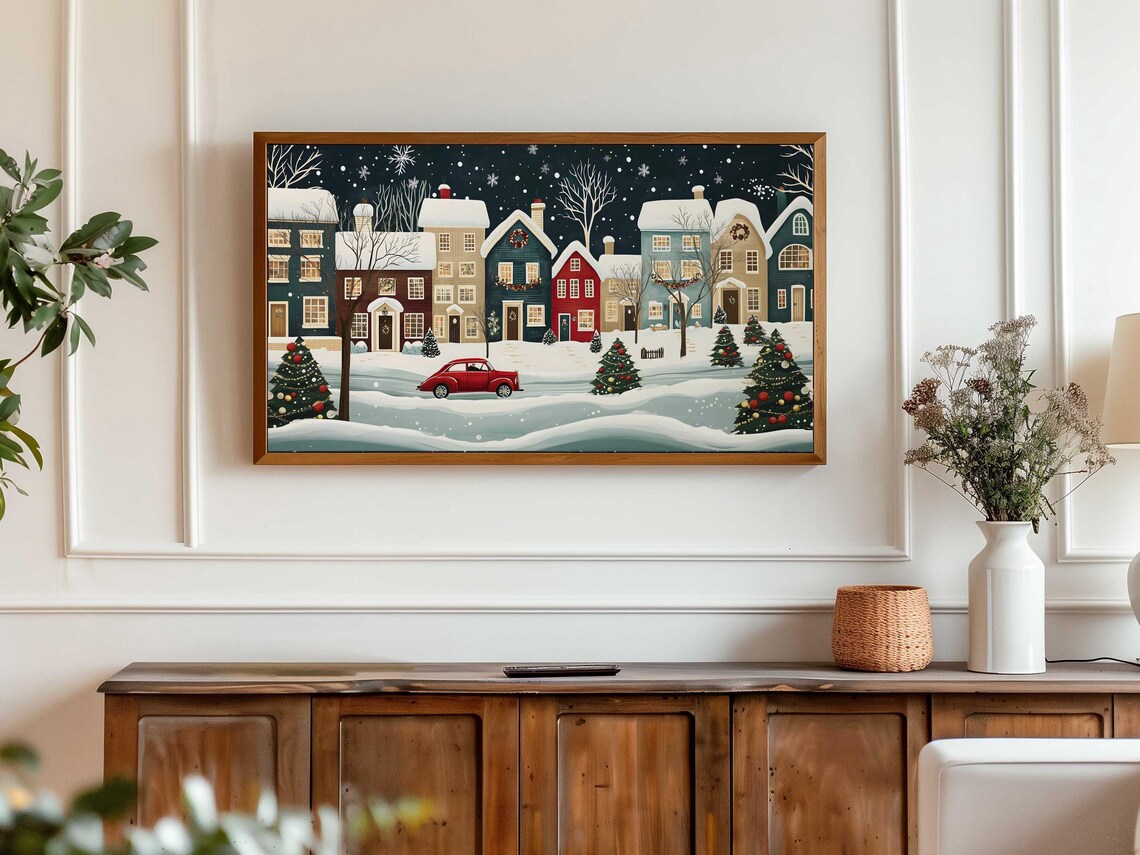 Christmas Town Night Snowy Village Red Vintage Car Holiday Poster - Image 6
