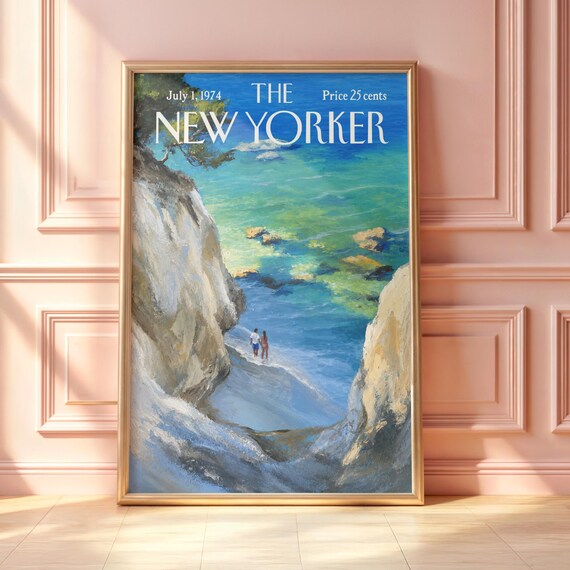 Vintage New Yorker Turquoise Coastal Cove Hidden Beach Poster