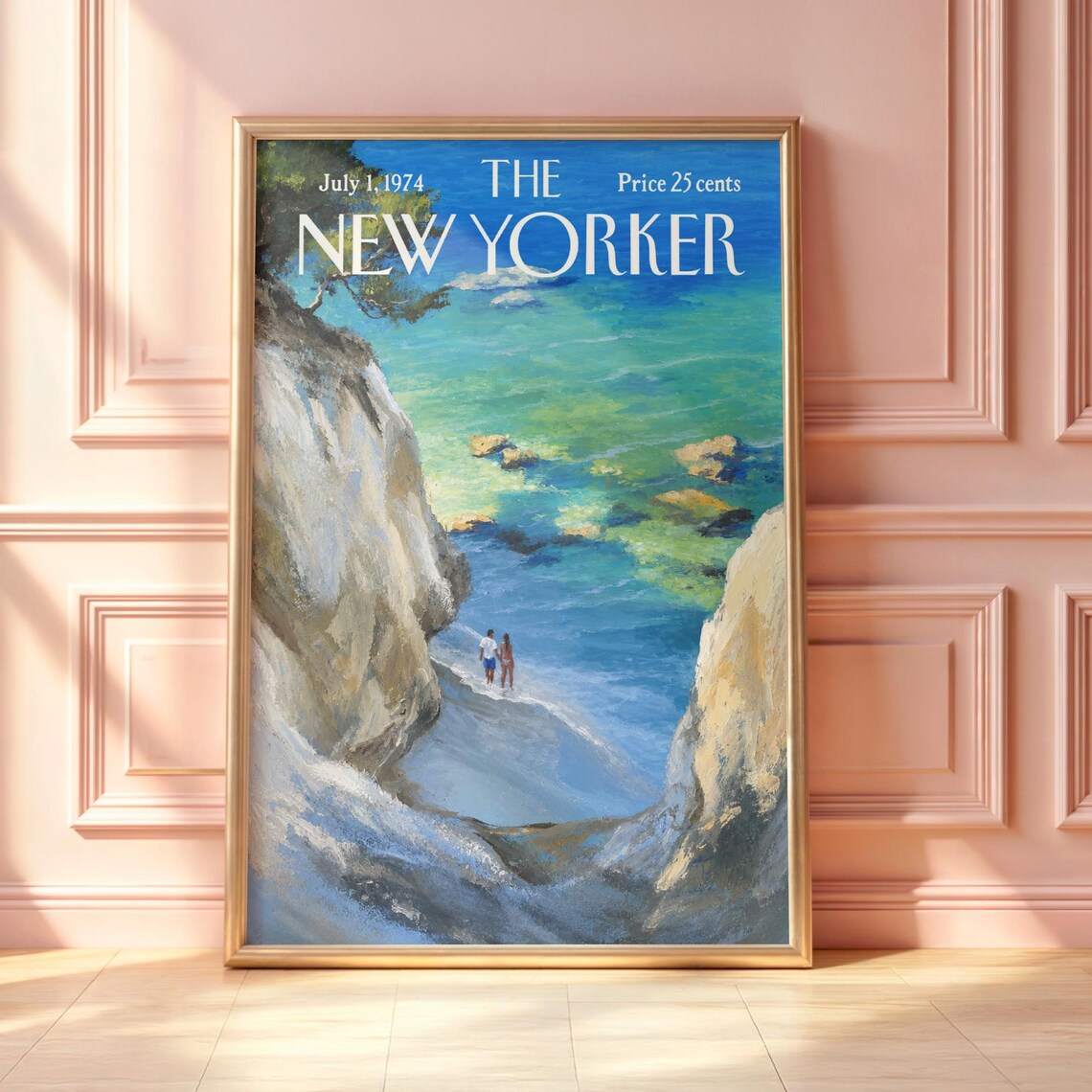 Vintage New Yorker Turquoise Coastal Cove Hidden Beach Poster