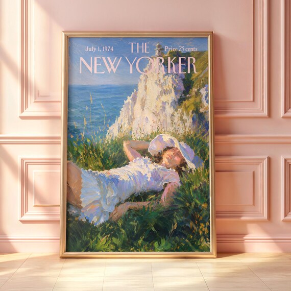 Vintage New Yorker Coastal Cliff Woman Sunhat Impressionist Poster