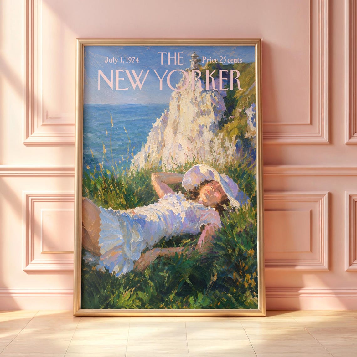 Vintage New Yorker Coastal Cliff Woman Sunhat Impressionist Poster