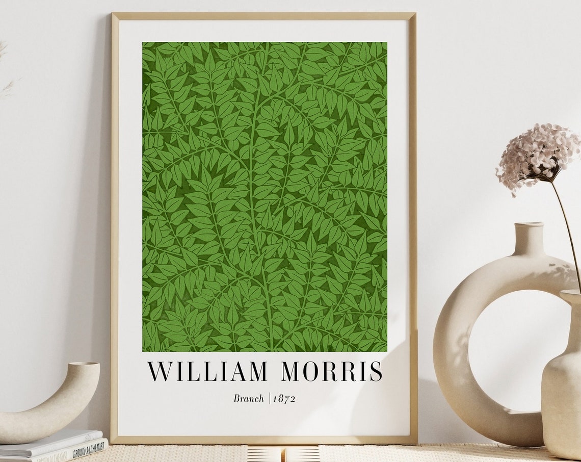 William Morris Branch 1872 Green Leaf Pattern Vintage Art Poster