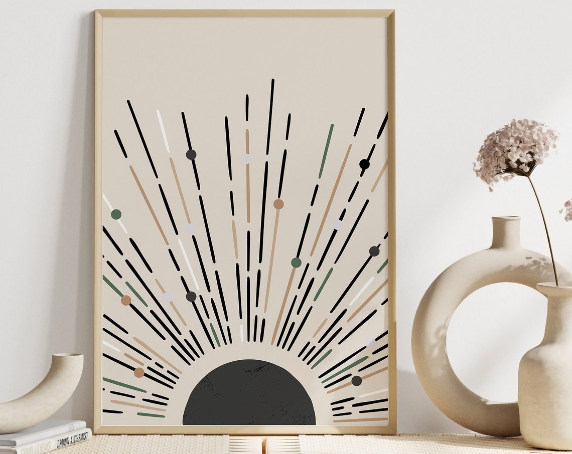Warm Abstract Rising Sun Radiating Lines Mid Century Boho Poster