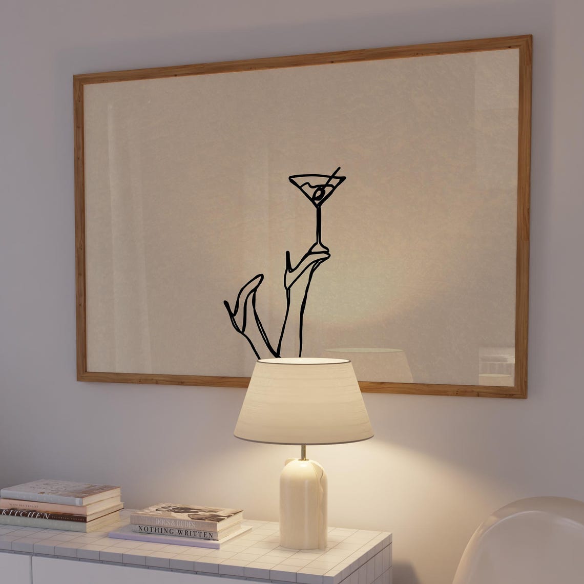 Minimalist Bar Cart Print Martini Glass Legs Poster Neutral Kitchen Decor Digital Download Horizontal