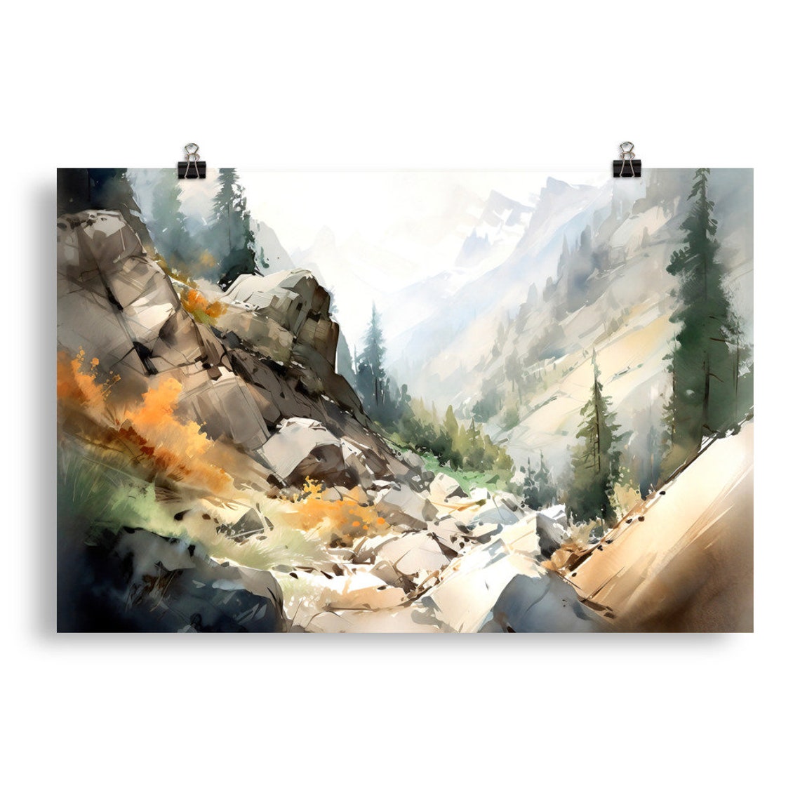 Misty Mountain Canyon Stream Watercolor Rocky Valley Scene Poster - Image 5
