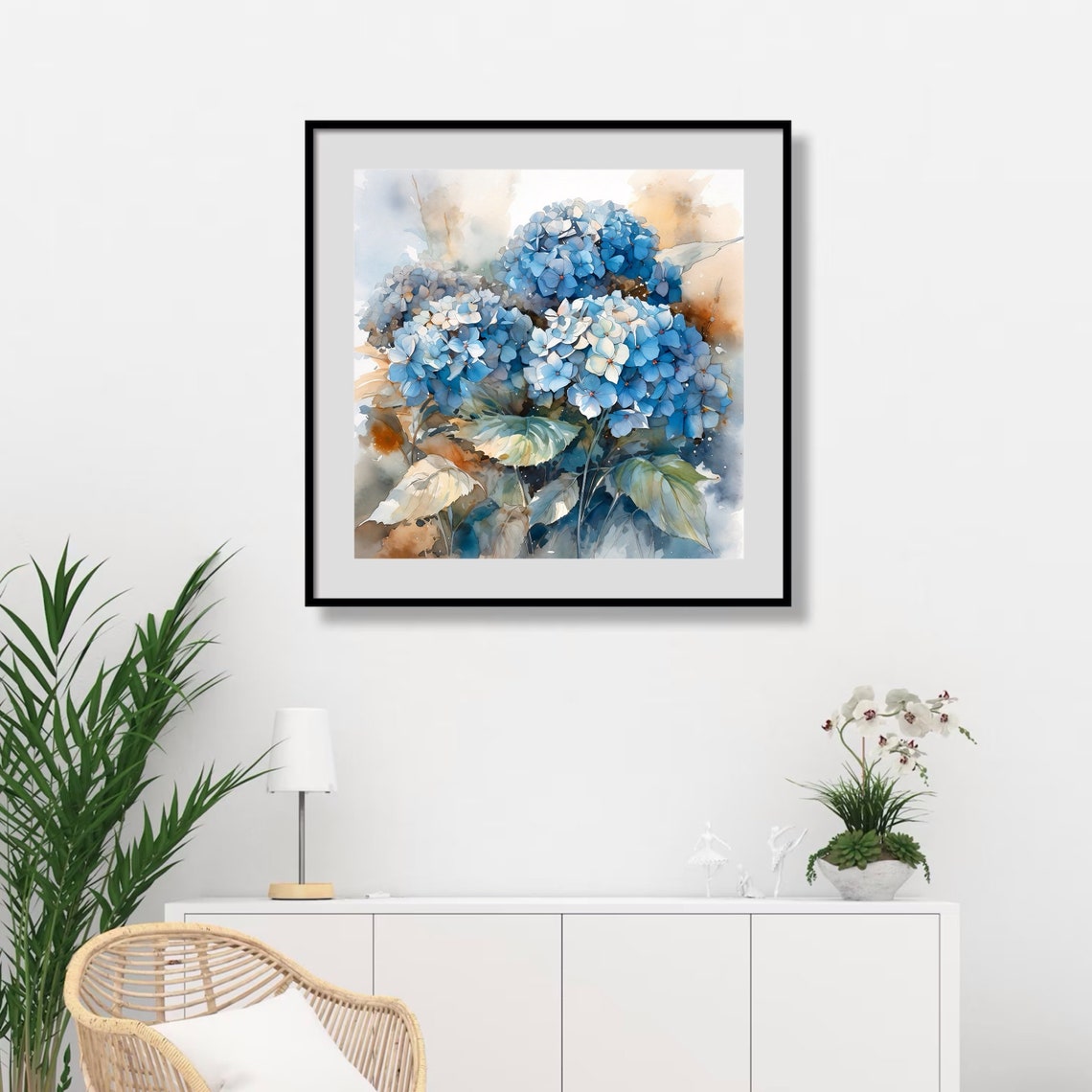 Vivid Blue Hydrangea Blossoms Cluster Soft Watercolor Floral Poster - Image 3