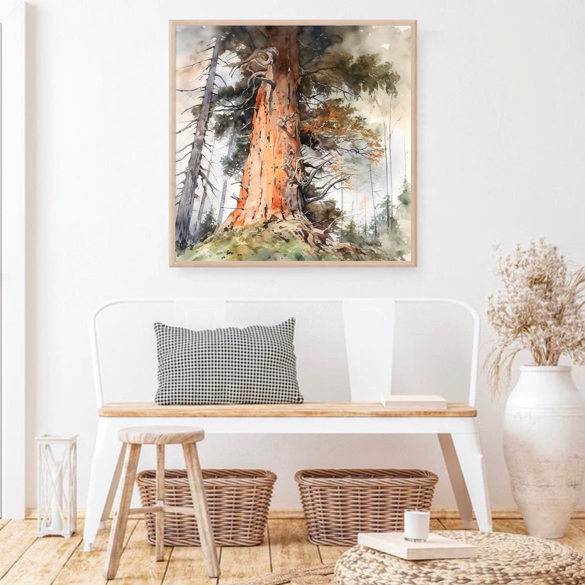 Ancient Redwood Tree Towering in Misty Forest Watercolor Poster - Image 3