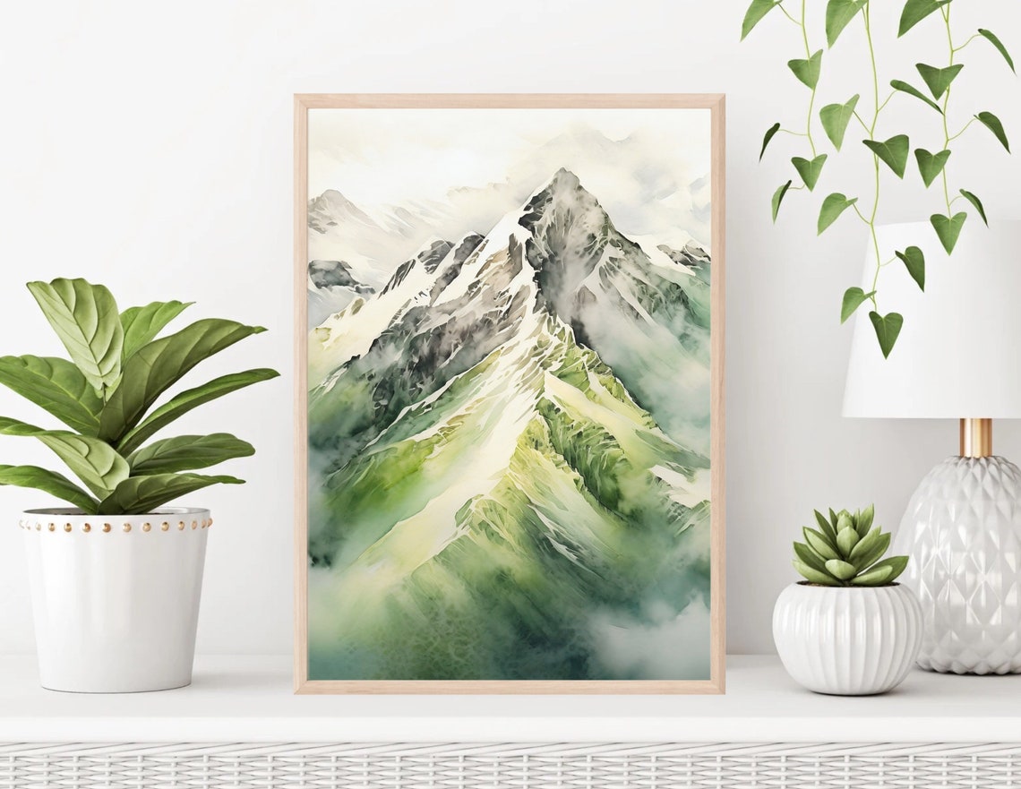 Emerald Mountain Peak Rising Through Soft Mist Watercolor Poster - Image 4