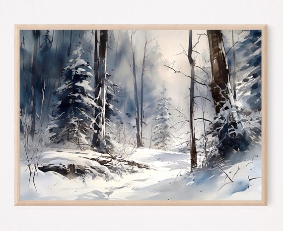Winter Forest Watercolor Painting Art Print Snowy Forest Wall Art Home Decor Gift