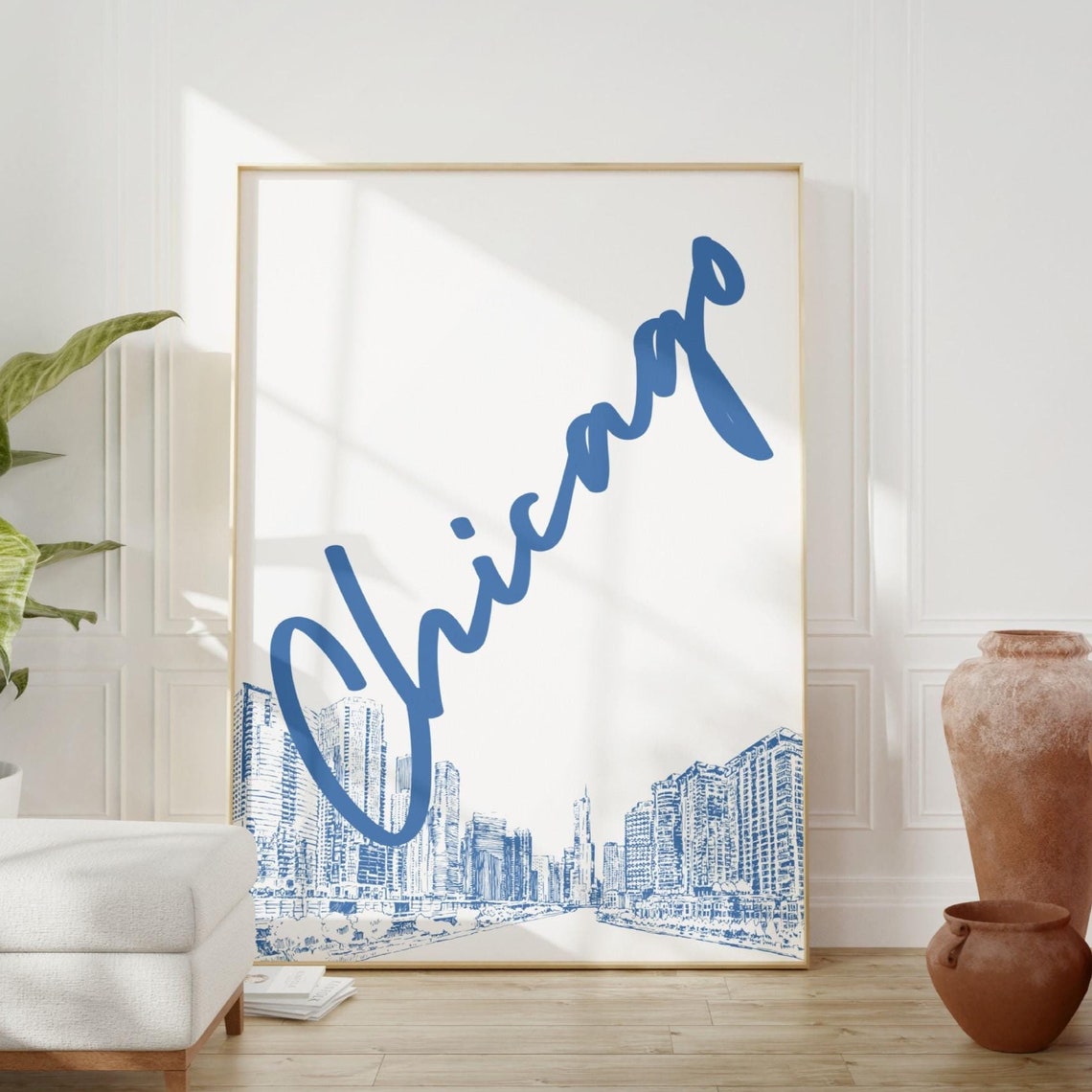 Chicago Blue Script Skyline Line Drawing Travel City Art Poster