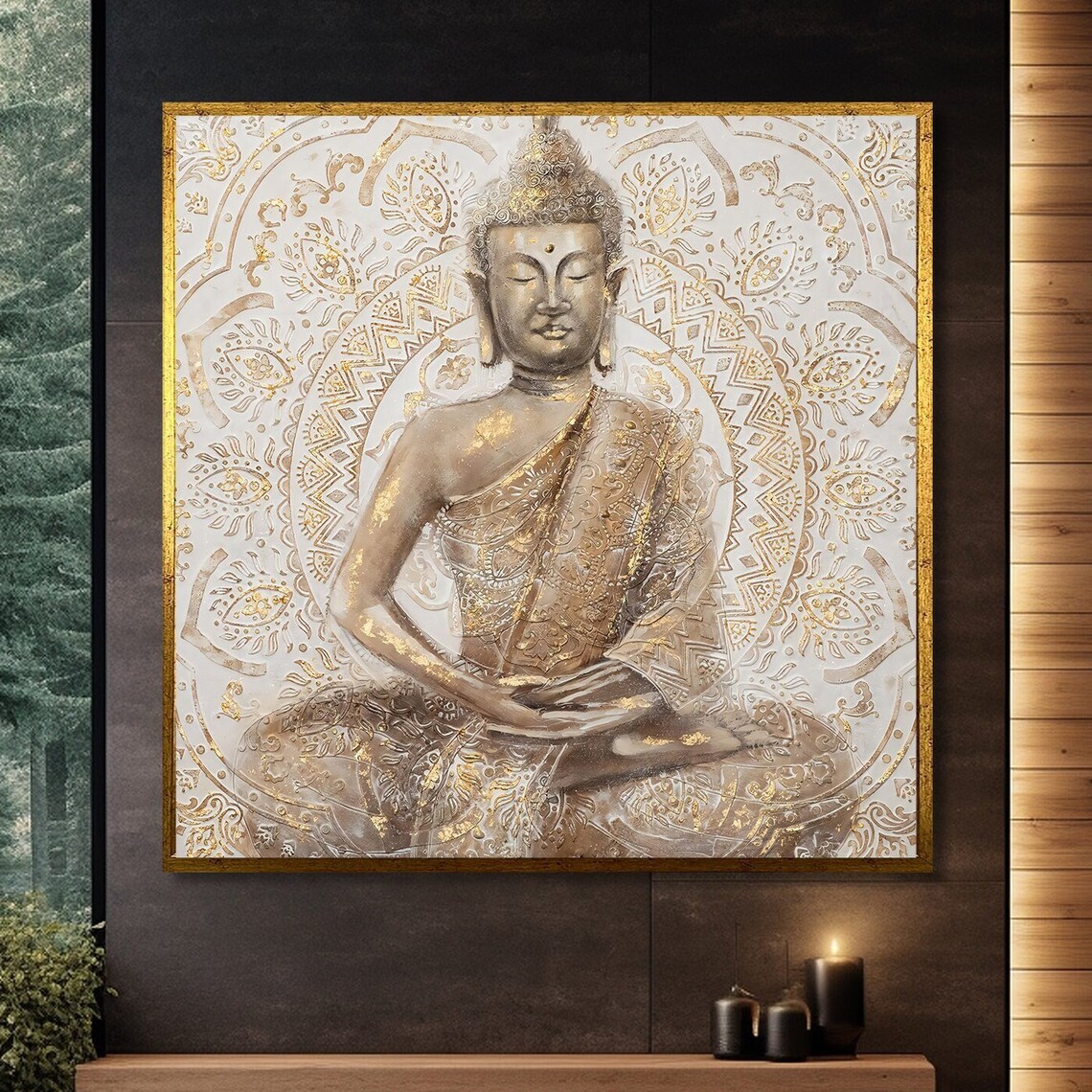 Golden Mandala Buddha Painting, Zen Meditation Decor