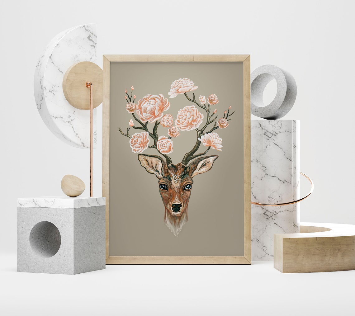 Print File Instant Jpg Deer And Peonies Floral Botanical Art - Image 2