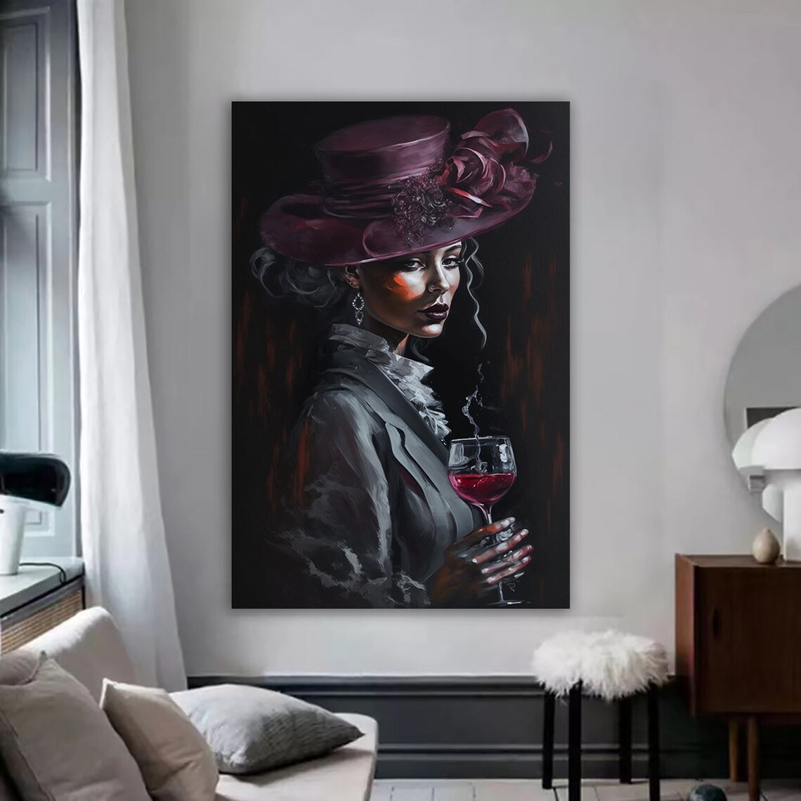Woman in Burgundy Hat with Red Wine Glass Dark Moody Portrait Art Poster - Image 3