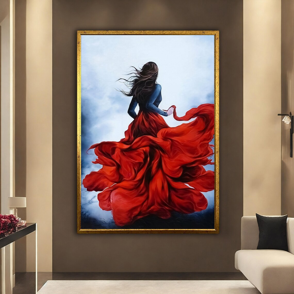 Windblown Red Dress Woman Back View Flowing Fabric Misty Art Print - Image 2