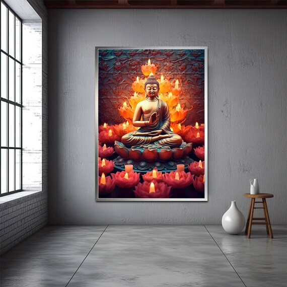 Golden Buddha Candles Lotus Lights Meditation Spiritual Wall Art Poster