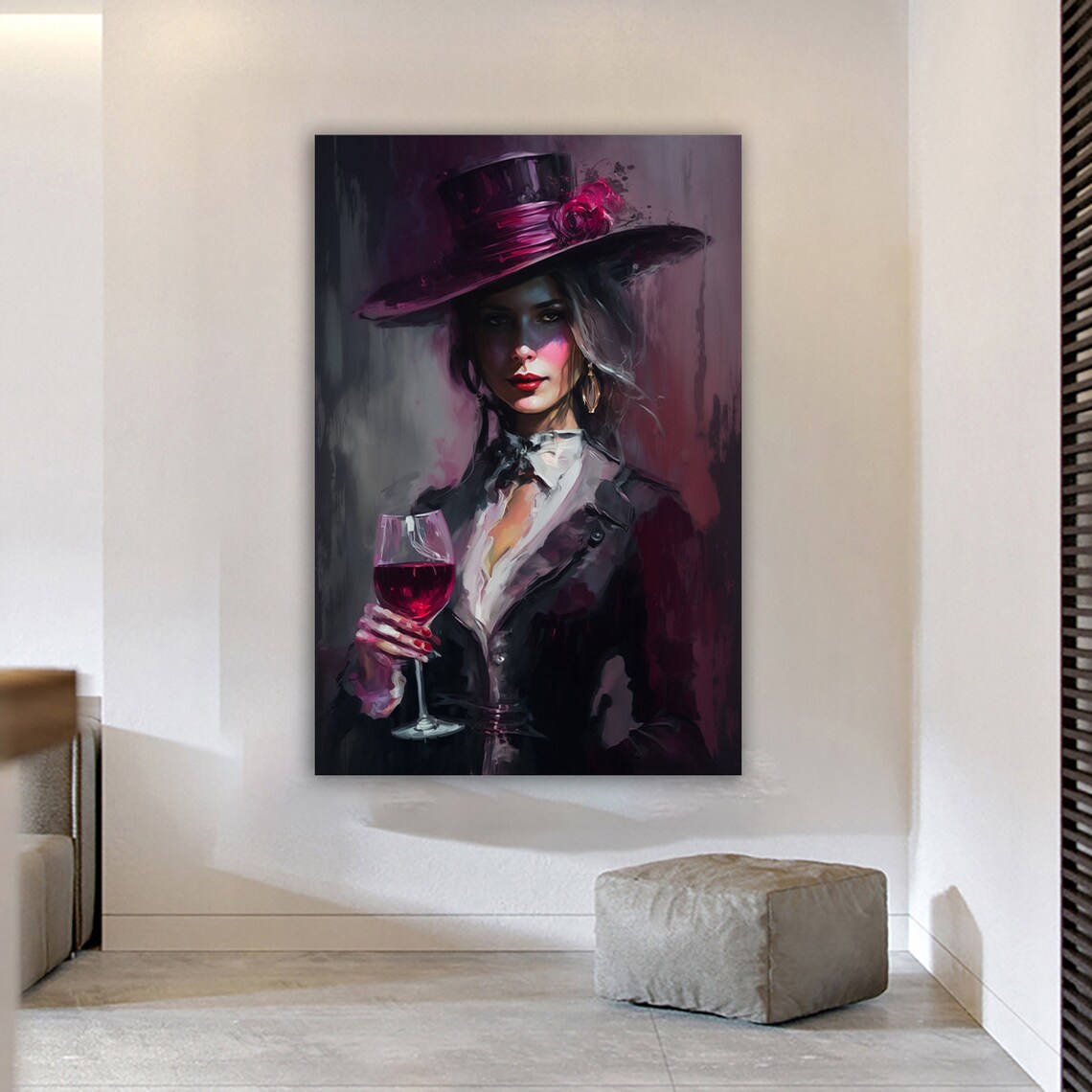 Mysterious Woman Wine Glass Dark Pink Hat Elegant Portrait Wall Art Print - Image 2