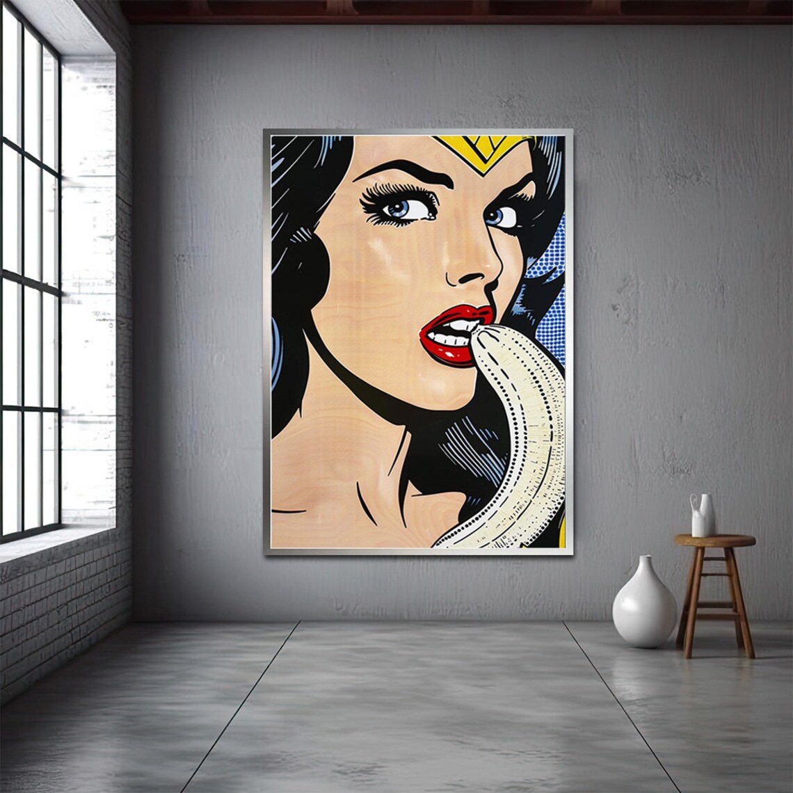 Wonder Woman Style Woman Eating Banana Pop Art Comic Poster Humor Gift - Image 3