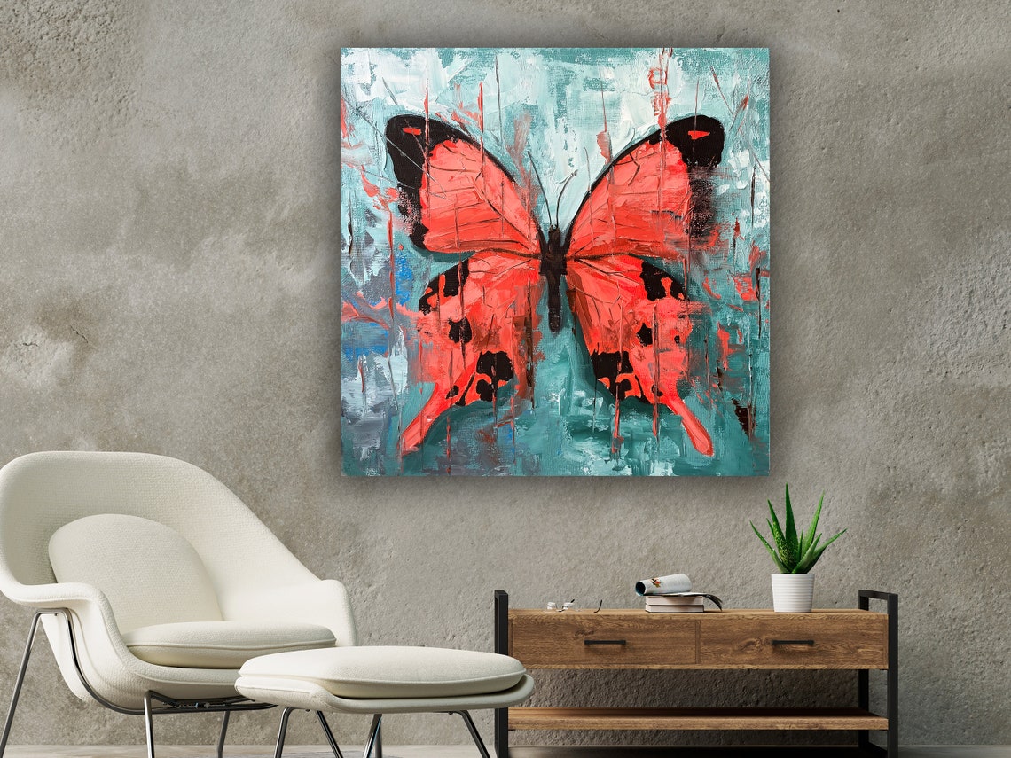 Red Butterfly Teal Abstract Background Modern Insect Art Poster - Image 2