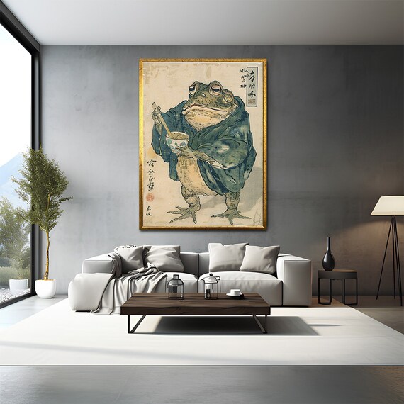 Japanese Woodblock Frog Tea Funny Vintage Ukiyo E Art Poster