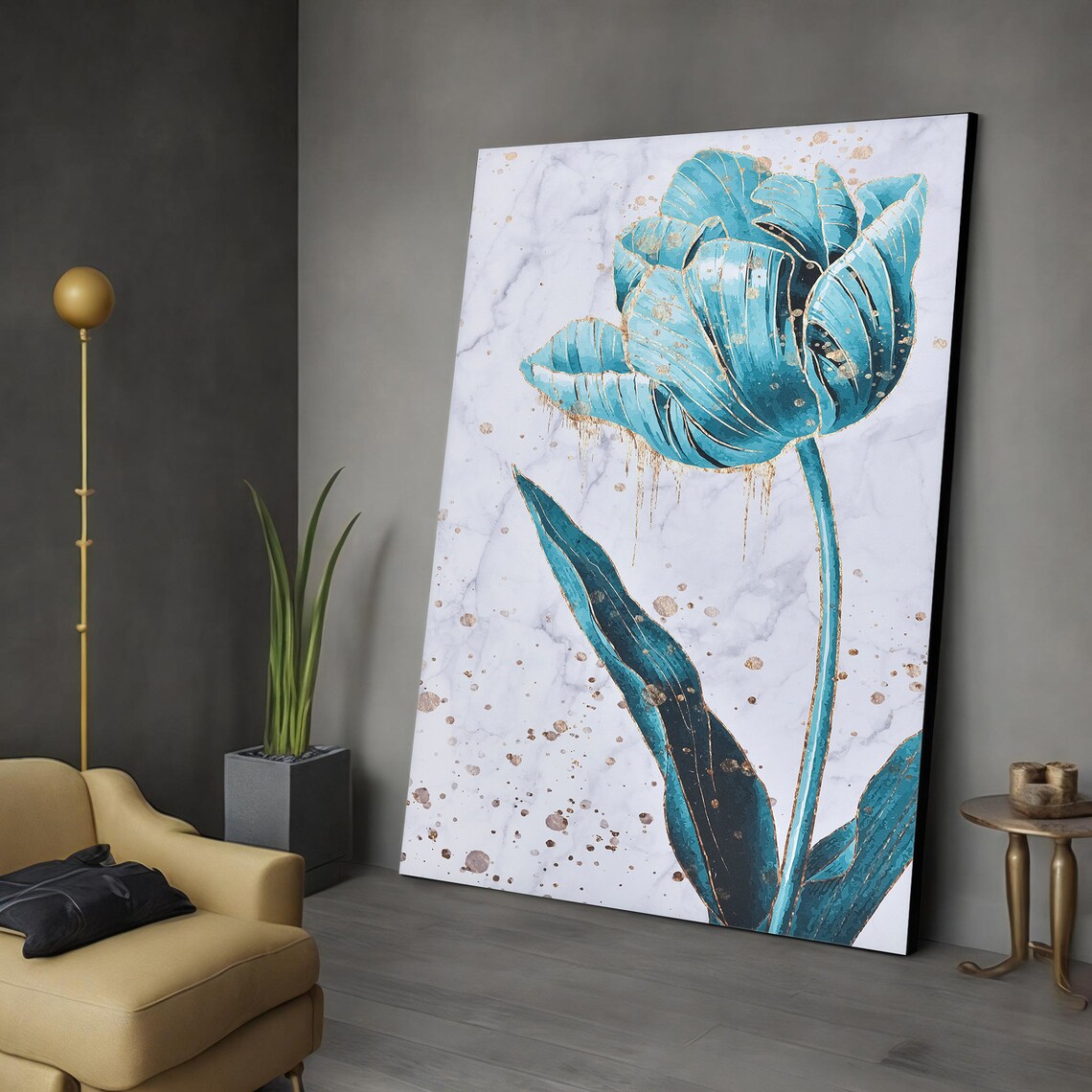 Teal Tulip Marble Background Gold Accent Floral Canvas Art Poster - Image 3