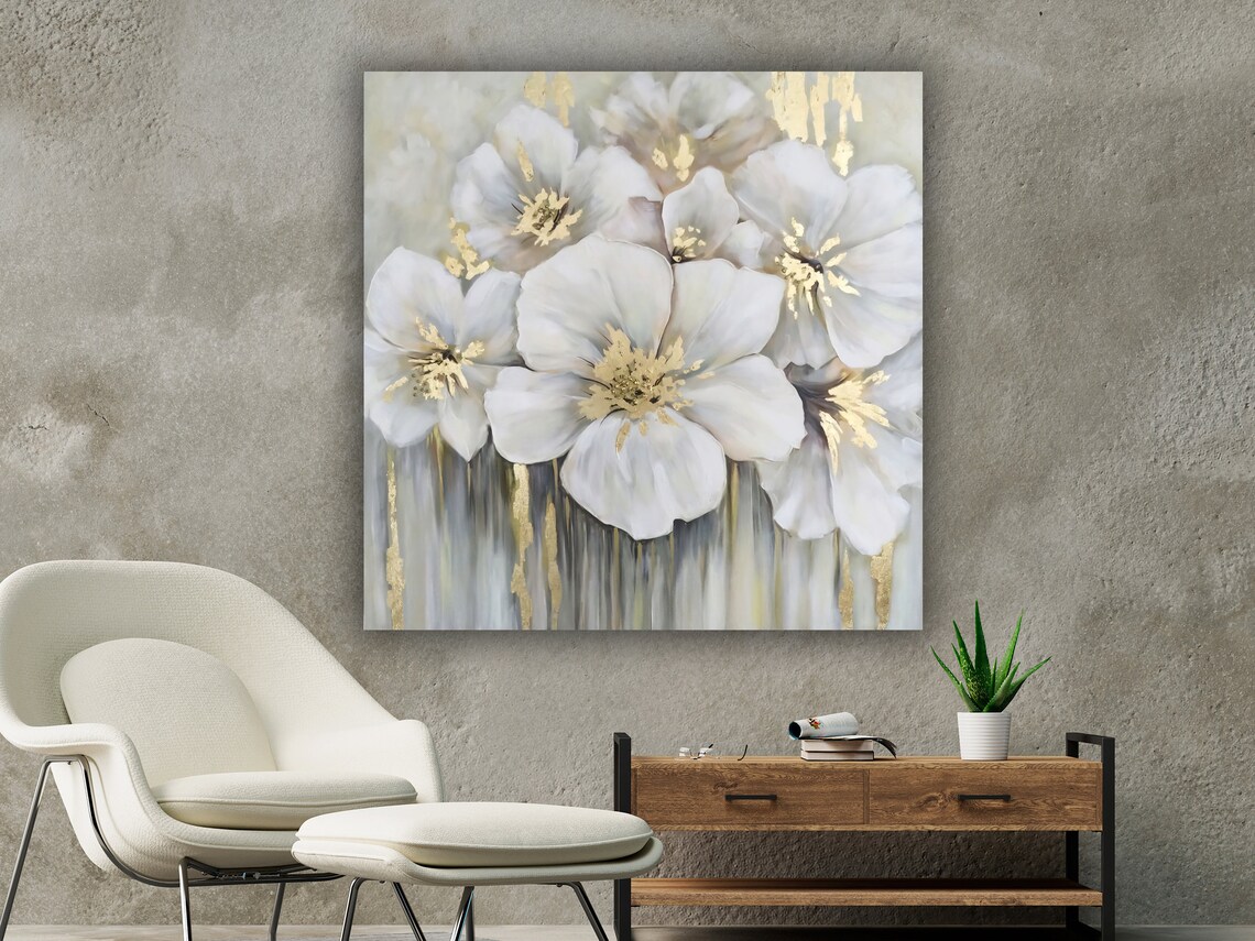 White Flowers Gold Accents Floral Oil Painting Modern Wall Art - Image 2