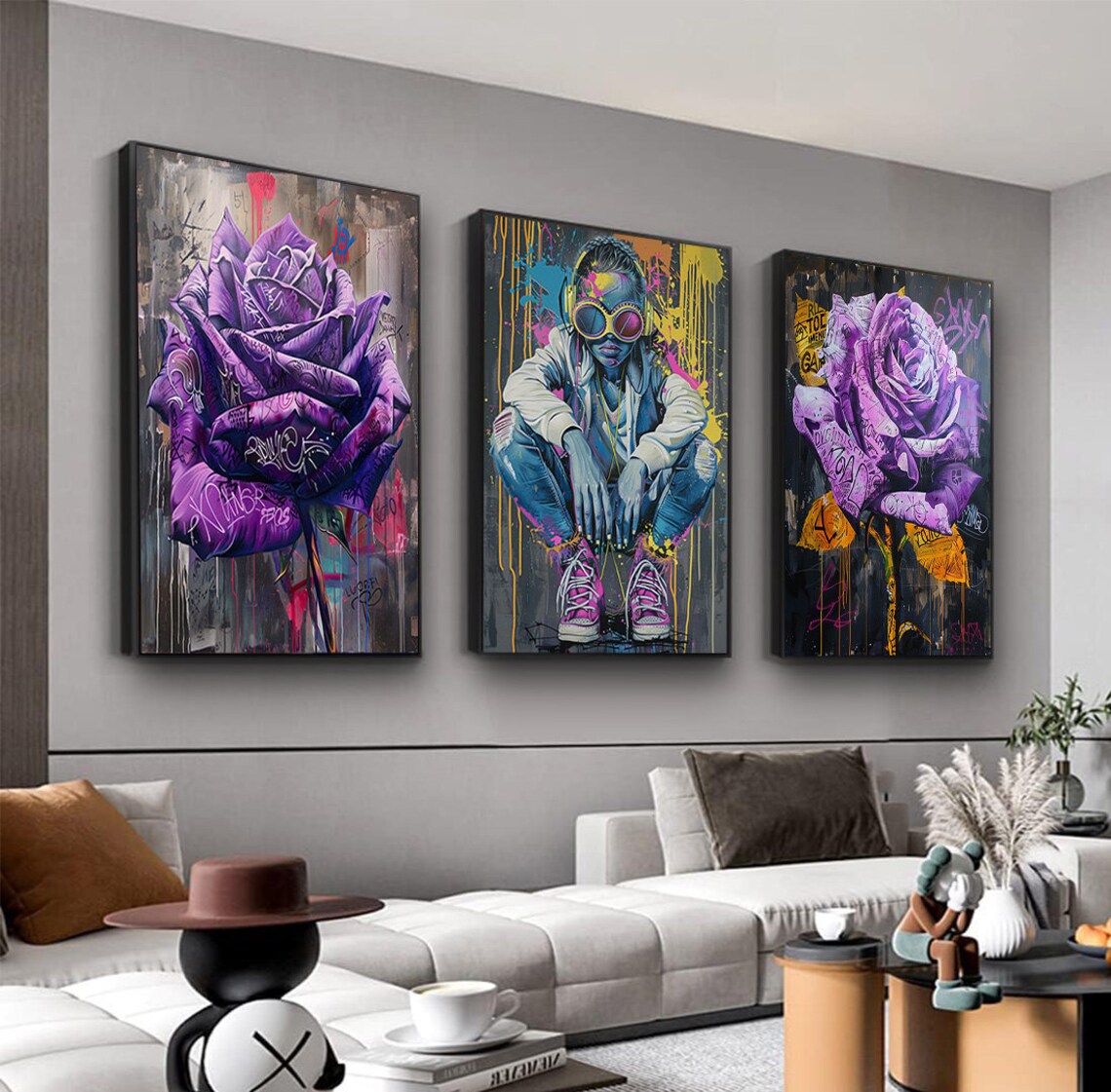 Hip Hop Graffiti Girl Purple Roses 3 Piece Wall Decor Set Poster