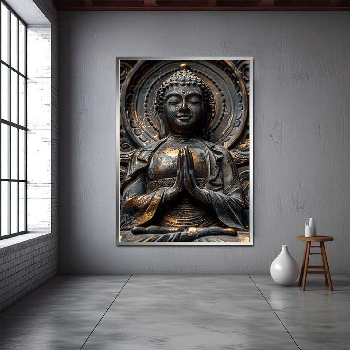 Bronze Buddha Praying Hands Ornate Halo Sculpture Serene Art Print - Image 3